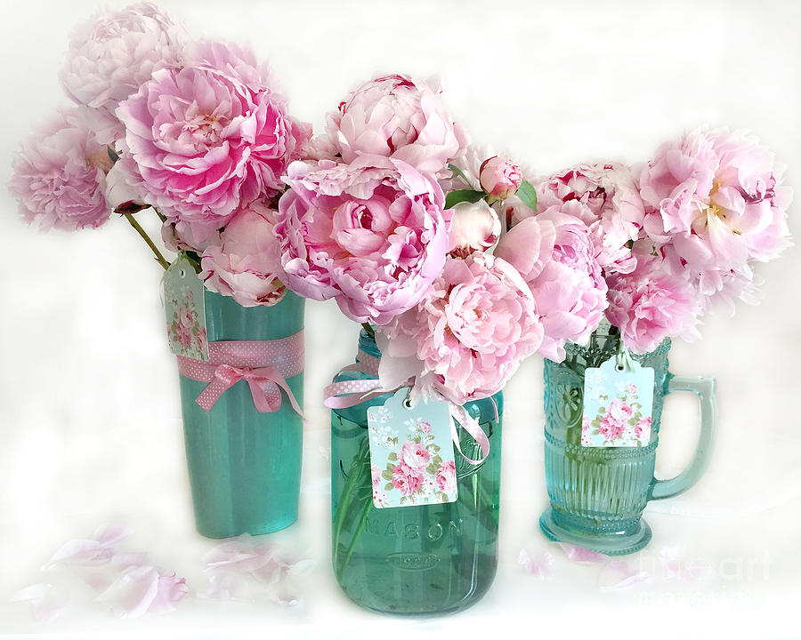 Pink Peonies In Aqua Vases Romantic Watercolor Print - Pink Peony Home Decor Wall Art Photograph by Kathy Fornal