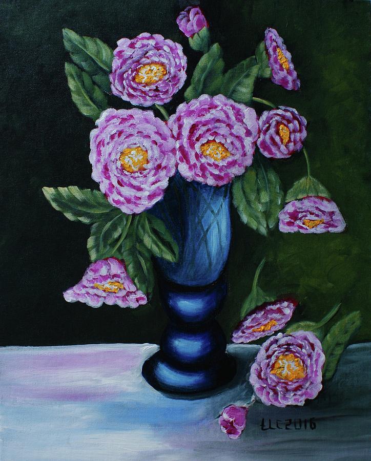 Pink Peonies in Blue Vase Painting by Theresa Cangelosi