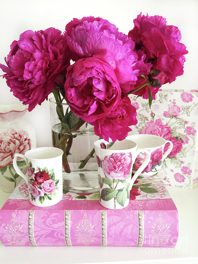 Pink Peonies, Red Peonies, Peony Flowers, Peonies Peony Teacups Kitchen Art Home Decor Photograph by Kathy Fornal