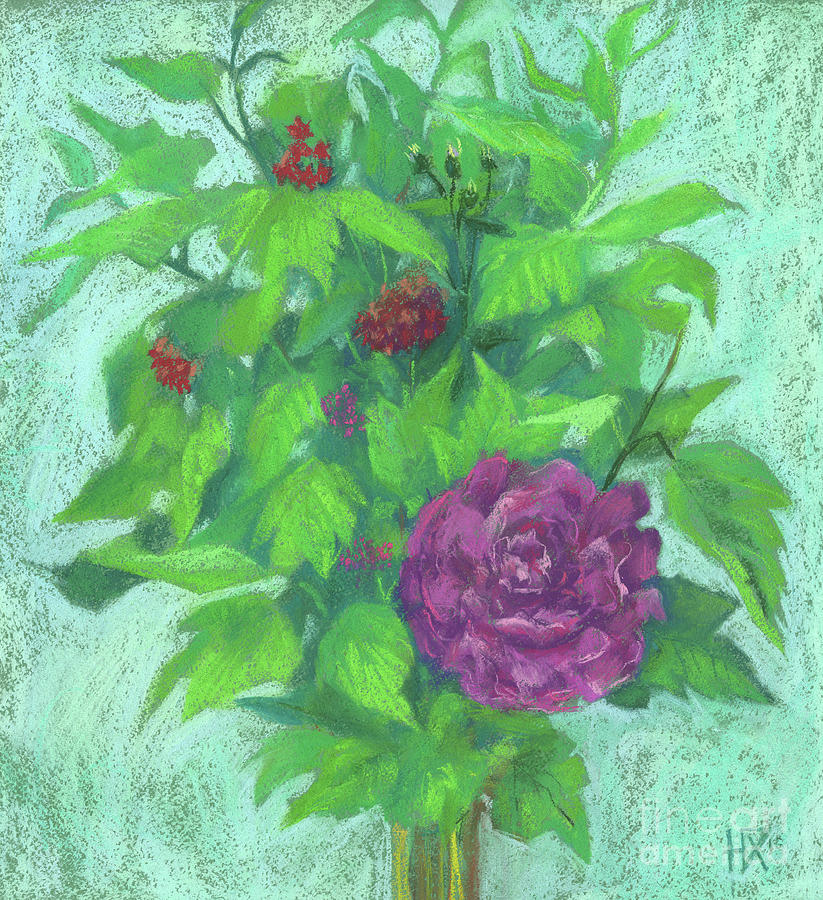 Pink Peony on Green Painting by Julia Khoroshikh