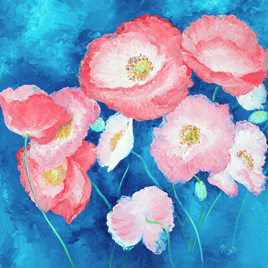 Pink Poppies On Dark Blue Backgound Painting by Jan Matson