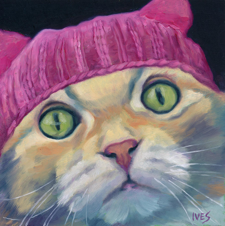 Cat Painting - Pink Pussy Hat Maine Coon Cat by Rebecca Ives
