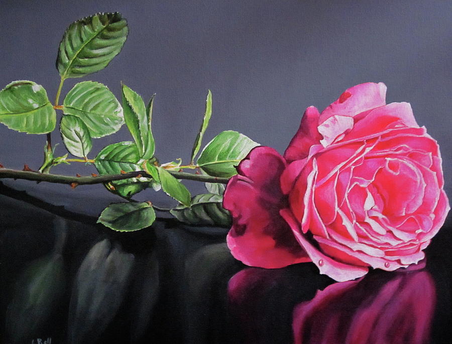 Still Life Painting - Single Pink rose in repose by Lillian  Bell