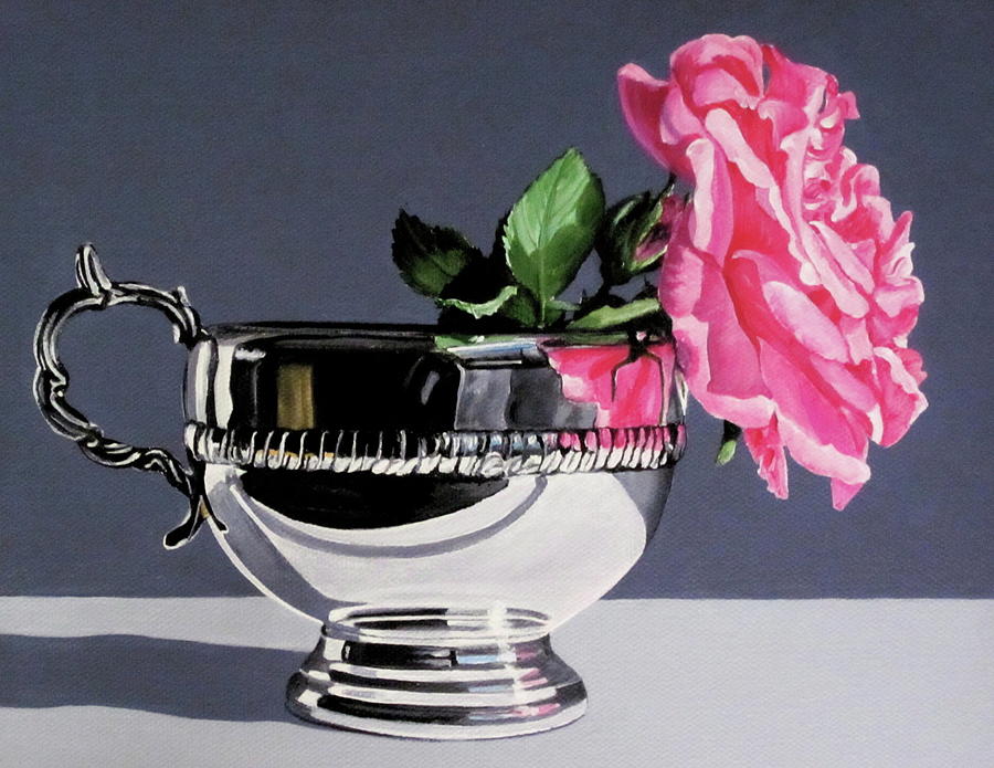 Still Life Painting - Single Pink rose in silver by Lillian Bell