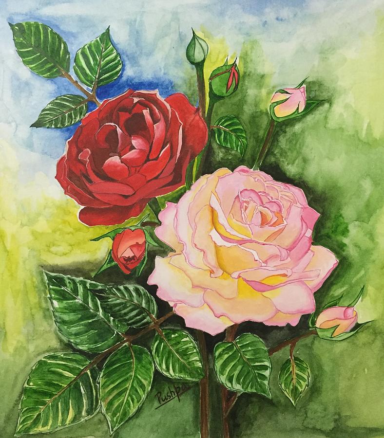 Rose Painting - Pink Rose with Red Rose by Pushpa Sharma
