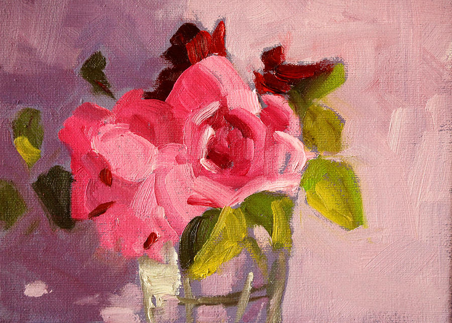 Pink Roses 3 Still Life Painting Painting by Nancy Merkle