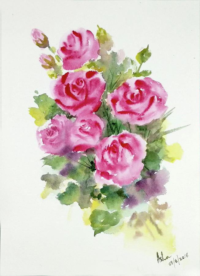 Pink Roses Painting by Asha Sudhaker Shenoy