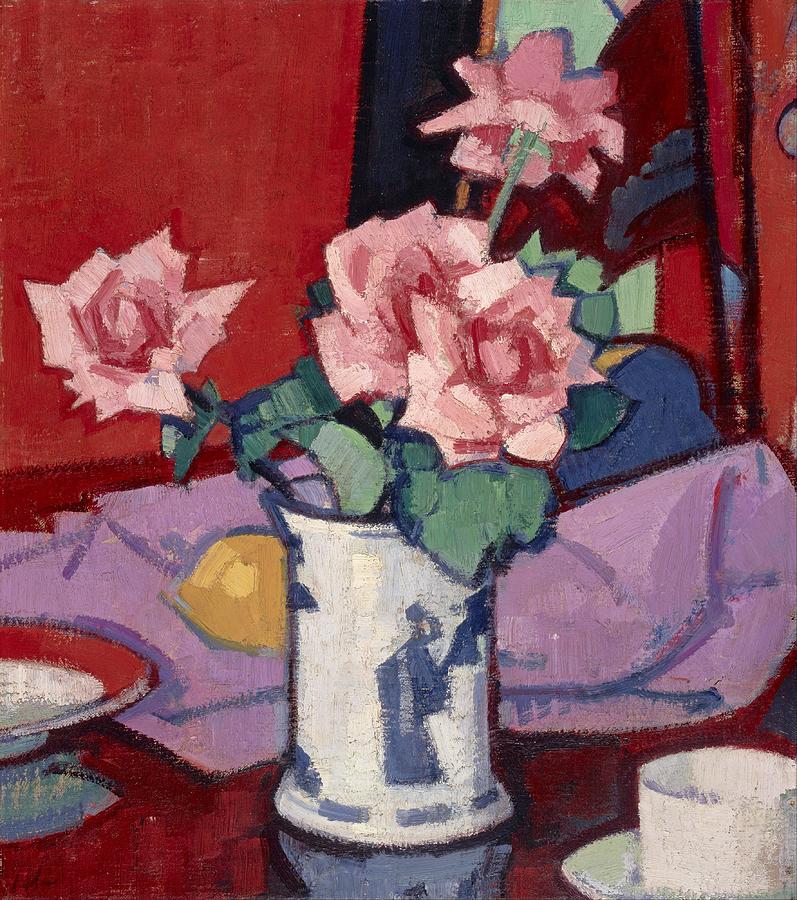 Pink Roses, Chinese Vase by Samuel Peploe, 1916 Painting by Celestial Images