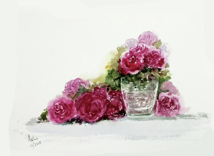Pink roses in a vase 2018 Painting by Asha Sudhaker Shenoy