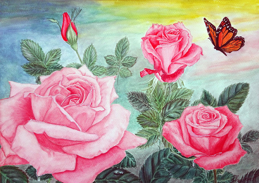 Pink roses in my garden Painting by Phajon Poomanee