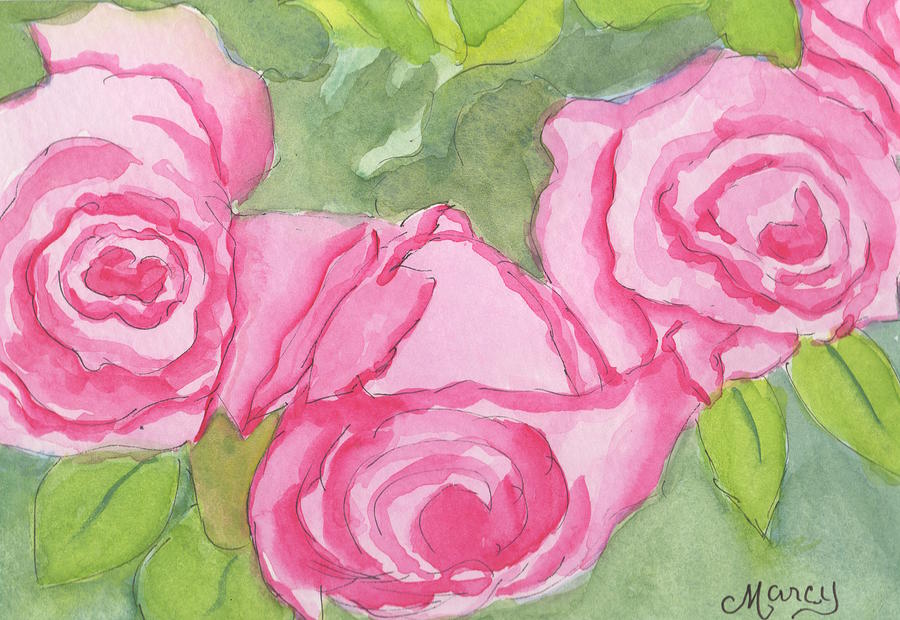 Pink Roses Painting by Marcy Brennan