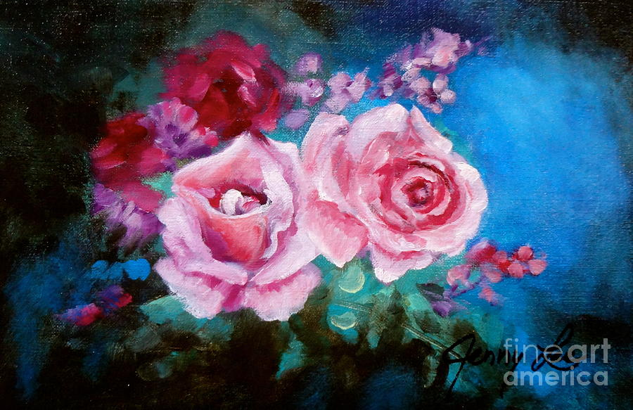 Pink Roses on Blue Painting by Jenny Lee
