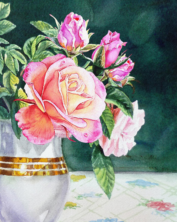Pink Roses Summer Bouquet  Painting by Irina Sztukowski