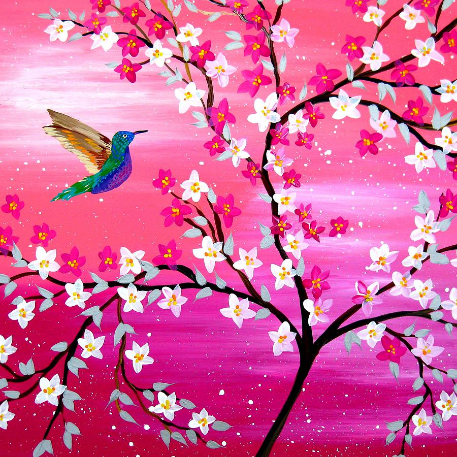 Hummingbird Painting - Pink Sakura and Hummingbird by Cathy Jacobs
