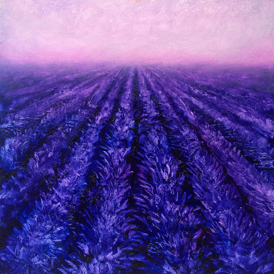 Abstract Lavender Field Landscape - Contemporary Landscape Painting - Amethyst Purple Color Block Painting by K Whitworth
