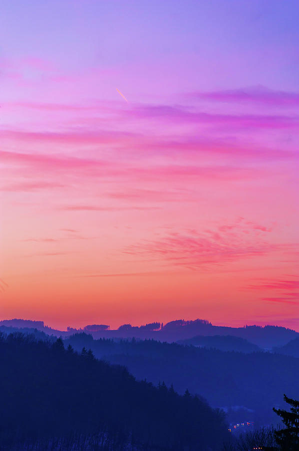 Pink Sky over Blue Mountains Photograph by Jenny Rainbow