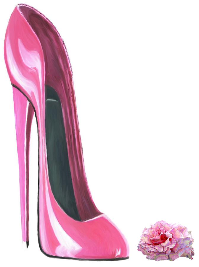 Rose Digital Art - Pink Stiletto Shoe and Rose by Ckeen Art