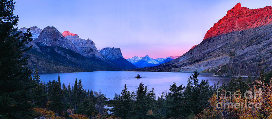 Pink Sunrise Peaks At St. Mary Panorama Photograph by Adam Jewell