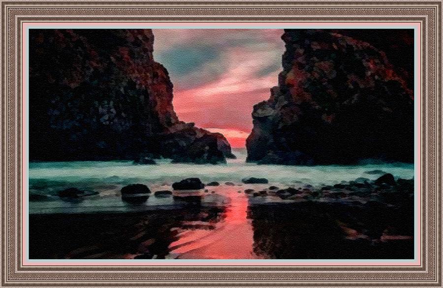 Pink Sunset On The Coast Of Cornwall L B With Alt. Decorative Ornate Printed Frame. Painting