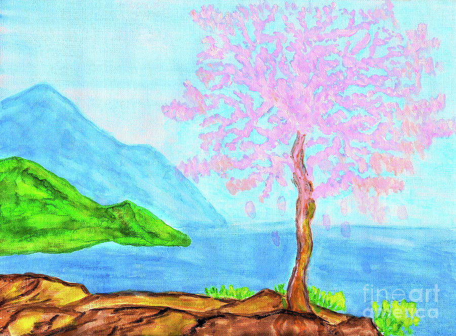 Pink tree on sea coast, painting Painting by Irina Afonskaya