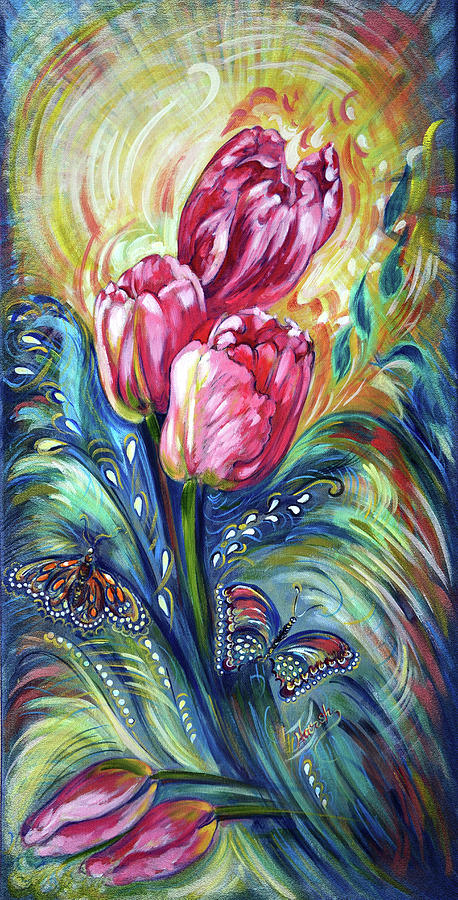 Pink Tulips and Butterflies Painting by Harsh Malik