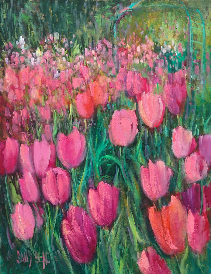 Pink Tulips Painting by Sally Seago