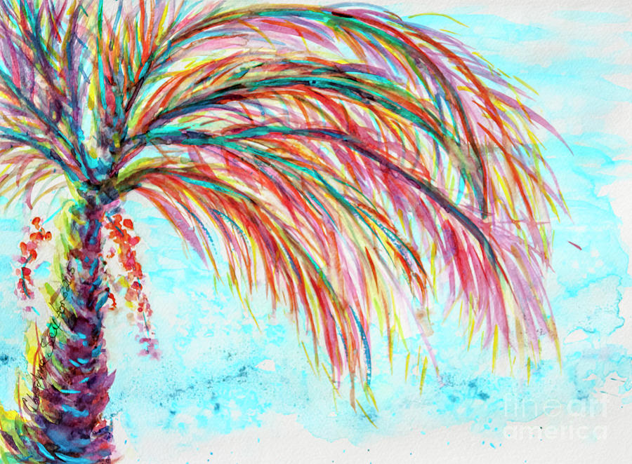 Pink Turquoise Palm Tree Watercolor Painting