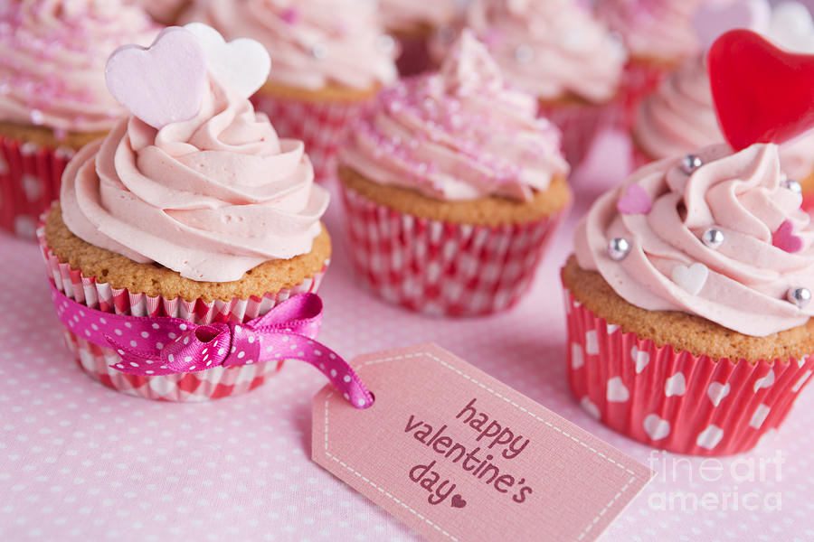 Valentines Day Photograph - Pink Valentine cupcakes with the words Happy Valentines day by Sara Winter
