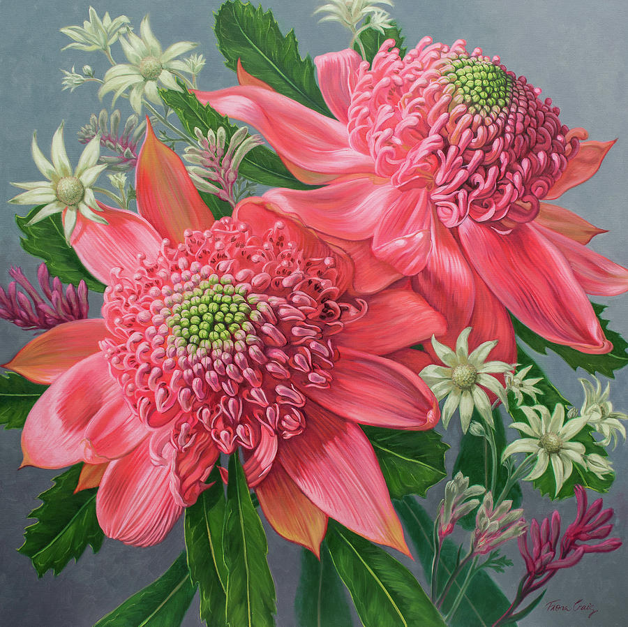 Flower Painting - Pink Waratahs, Flannel Flowers and Kangaroo Paws by Fiona Craig