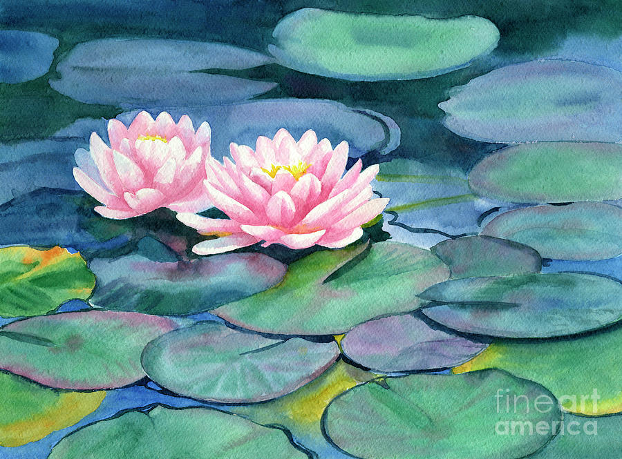 Pink Water Lilies with Colorful Pads Painting by Sharon Freeman