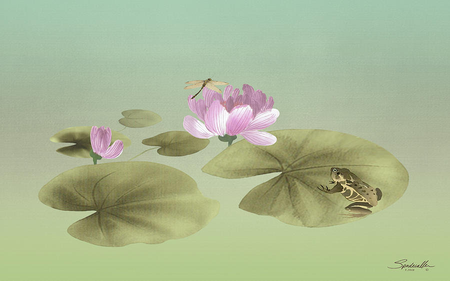 Pink Water Lily and Frog Digital Art by M Spadecaller