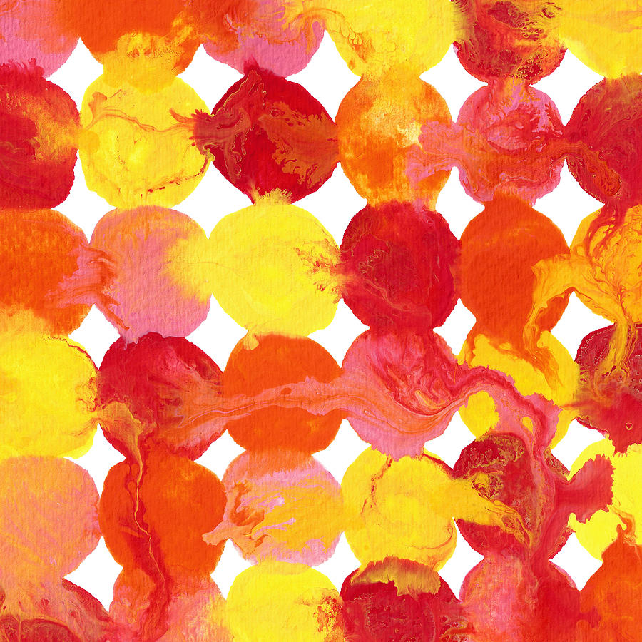 Pink Yellow Red Orange Flowing Paint Circle Pattern Painting by Amy Vangsgard