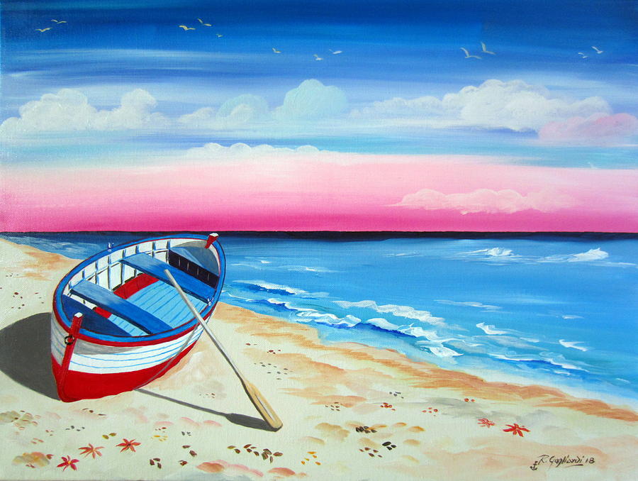 Pinkish Sunset And Boat Painting by Roberto Gagliardi