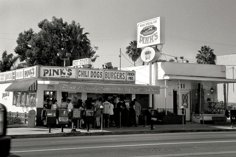 Pink's Hot Dog Stand, Los Angeles Photography, Black and White Photography,  Vintage Home Decor by Andy Moine