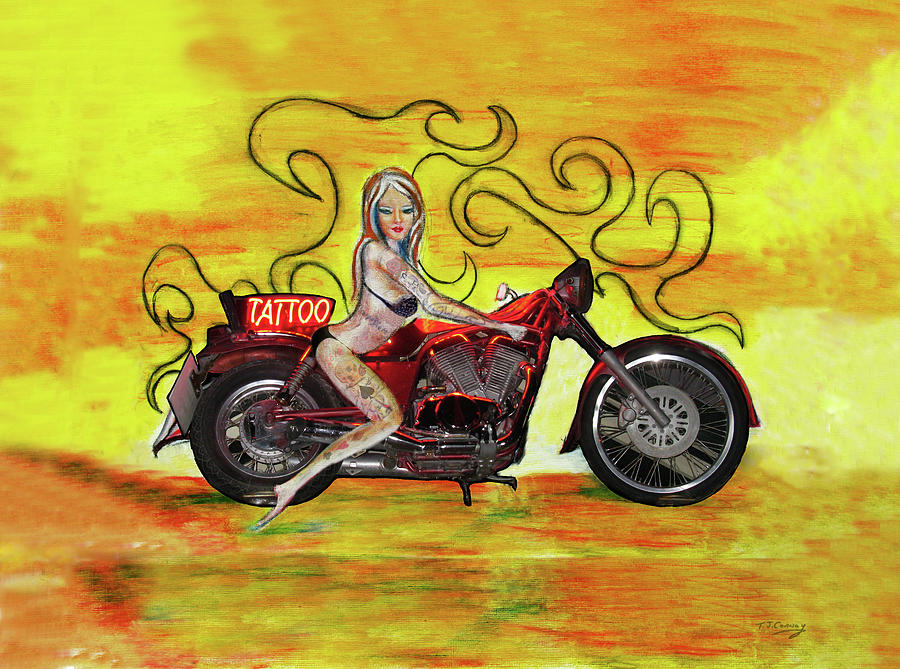Pinup girl biker with Tattoo sign Painting by Tom Conway