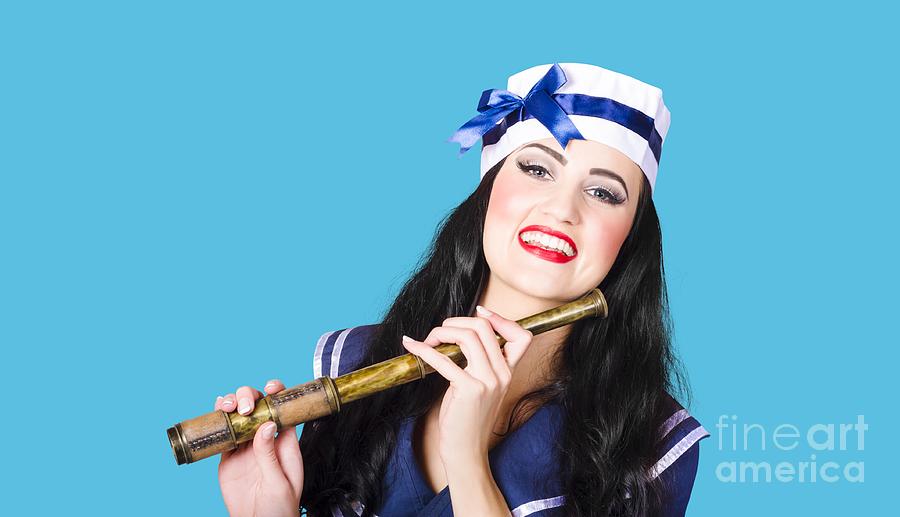 Pinup sailor girl holding telescope Photograph by Jorgo Photography