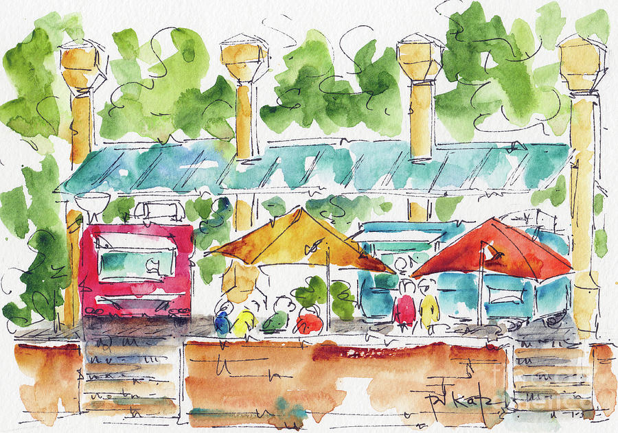 Pioneer Courthouse Square Food Trucks Portland Painting by Pat Katz