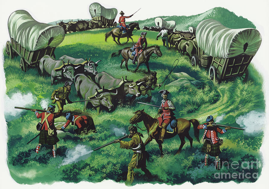 Horse Painting - Pioneers under attack from native American Indians by Ron Embleton