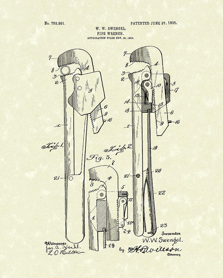 Pipe Wrench 1905 Patent Art Drawing by Prior Art Design