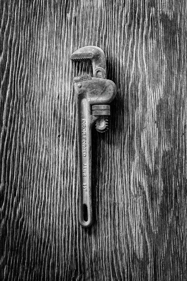 Pipe Wrench on Plywood 62 in BW Photograph by YoPedro
