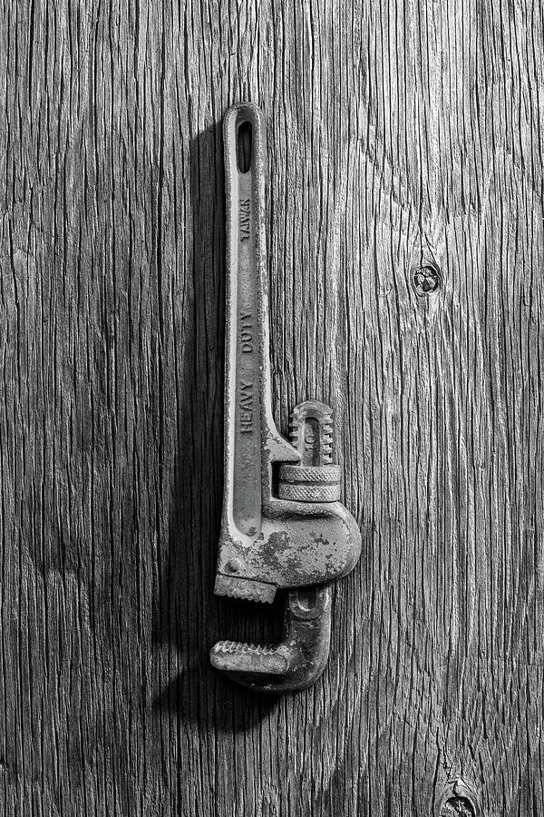 Pipe Wrench Upside Down on Plywood 70 in BW Photograph by YoPedro