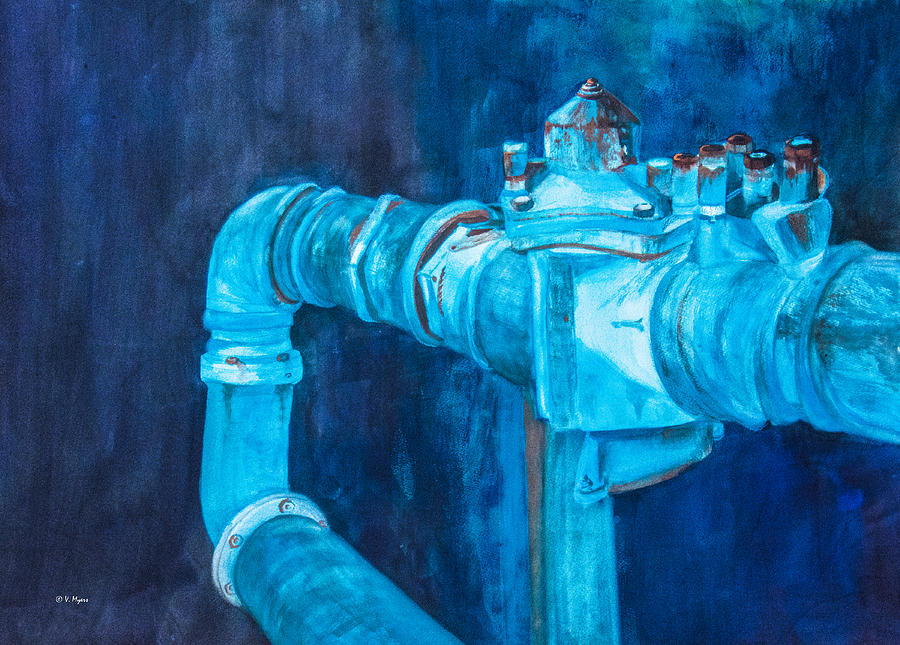 Pipes and Valves in Blue Painting by Vickie Myers