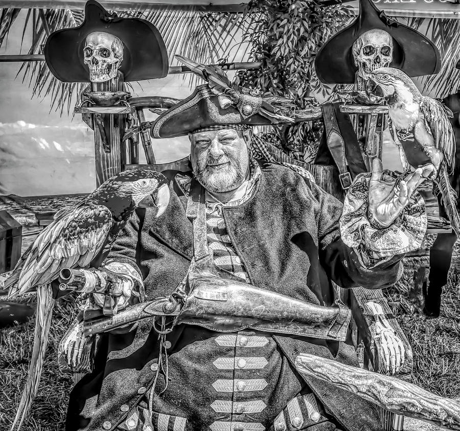 Pirate Captain And Parrots Black and White Photograph by Garry Gay