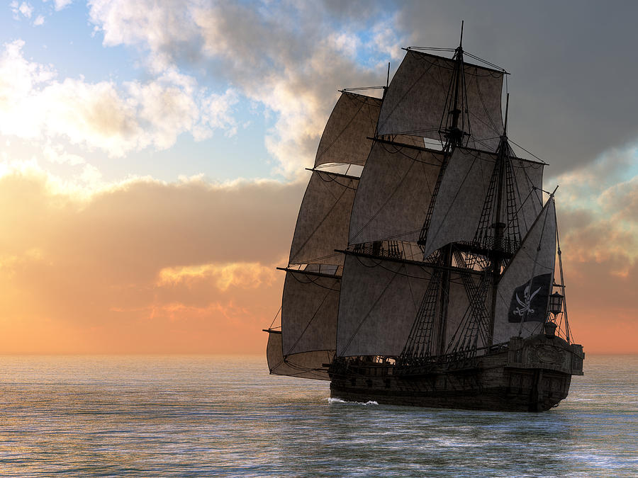 Pirate Ship Sunset Digital Art by Daniel Eskridge