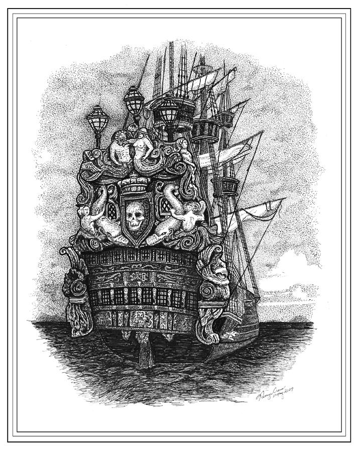 Pirate Ship original illustration art- Sailing Boat pointillism signed by  artist | eBay