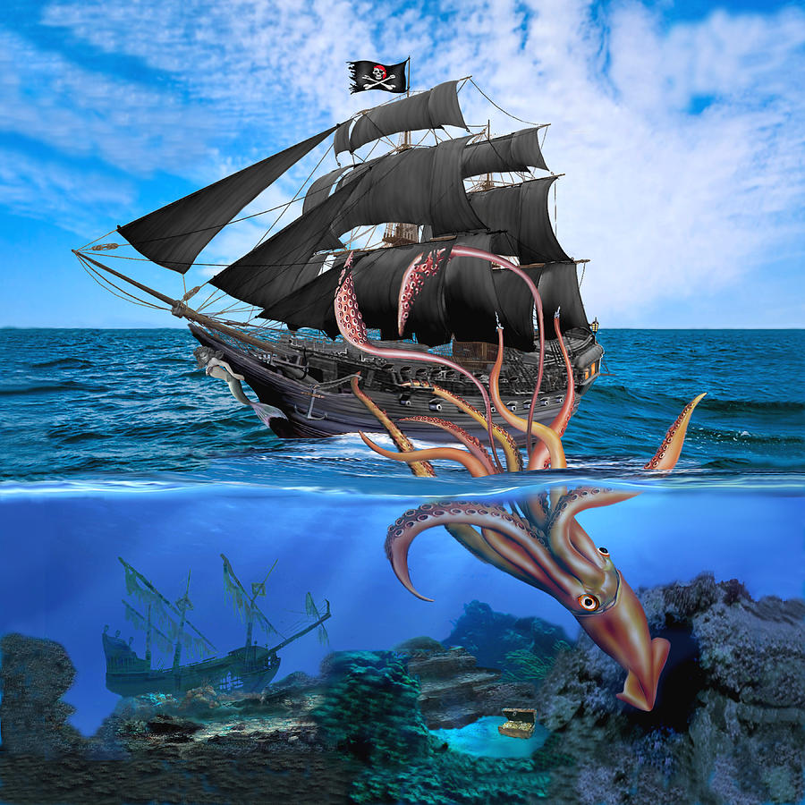 Pirate Ship vs The Giant Squid Digital Art by Glenn Holbrook