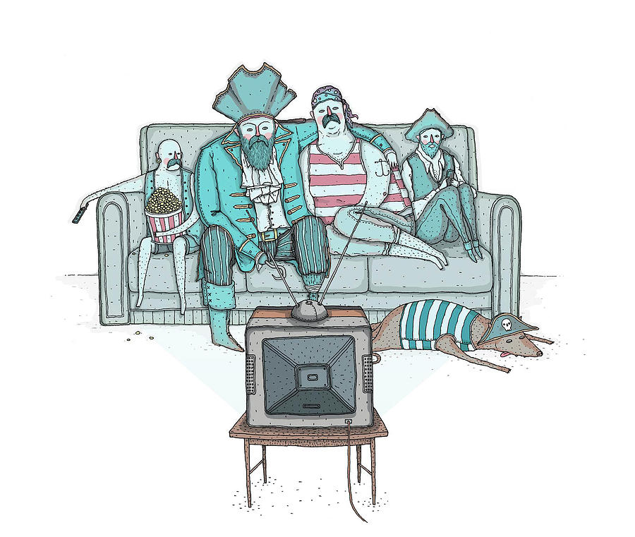 Pirates sitting on sofa and watching television set  Drawing by David M Galletly