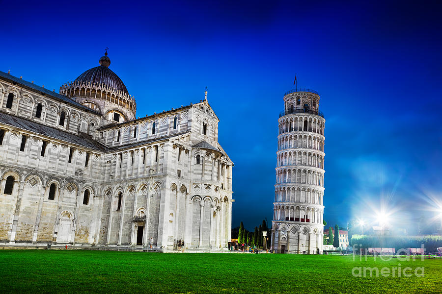 Pisa Cathedral with the Leaning Tower of Pisa, Tuscany, Italy at night Photograph by Michal Bednarek