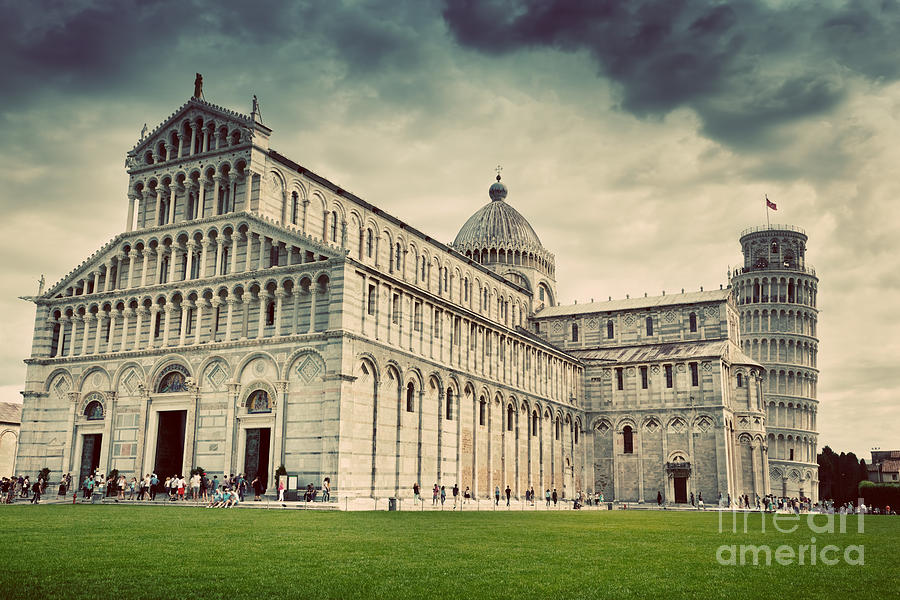 Pisa Cathedral with the Leaning Tower of Pisa, Tuscany, Italy. Vintage Photograph by Michal Bednarek