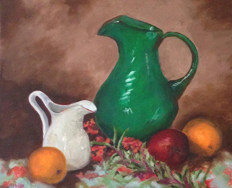 Pitchers and fruit Painting by Sylvia Miller